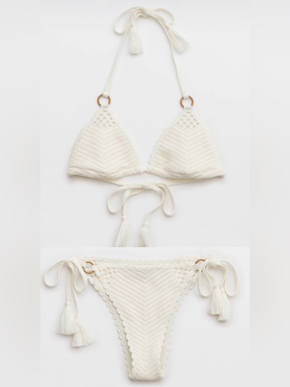 NWT Aerie FULL SET Crochet String Triangle Top + String Tie Bottom Soft Muslin S - Picture 2 of 5